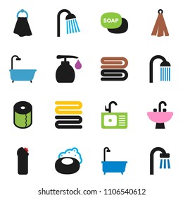solid vector ixon set - soap vector, towel, bath, liquid, cleaning agent, toilet paper, shower, sink