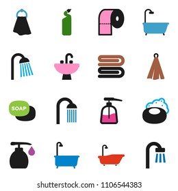 solid vector ixon set - soap vector, towel, bath, liquid, cleaning agent, toilet paper, shower, sink