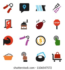 solid vector ixon set - soap vector, foam basin, hand mill, chicken leg, dollar coin, trainer, muscule, traking, touchscreen, crutches, bandage, medical room, stop, trolley