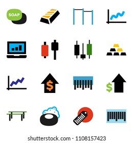 solid vector ixon set - soap vector, graph, gold ingot, japanese candle, laptop, dollar growth, horizontal bar, barcode