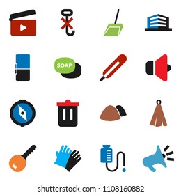 solid vector ixon set - soap vector, scoop, trash bin, rubber glove, garbage pile, towel, compass, no hook, cinema clap, speaker, thermometer, drop counter, office building, key, fridge, loudspeaker