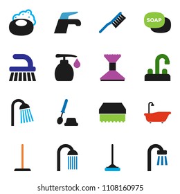 solid vector ixon set - soap vector, water tap, fetlock, mop, sponge, car, bath, toilet brush, liquid, shower
