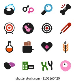 solid vector ixon set - soap vector, toaster, potato, target, cereals, heart cross, thermometer, flask, gender sign, magnifier, pregnancy, broken bone, chromosomes, hospital building, ovule
