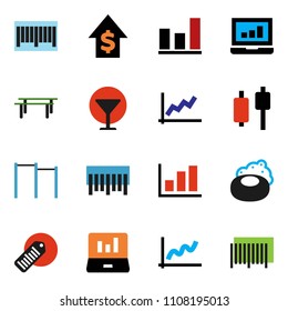 solid vector ixon set - soap vector, graph, japanese candle, laptop, dollar growth, horizontal bar, glass, barcode