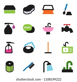 solid vector ixon set - soap vector, fetlock, mop, sponge, water tap, toilet brush, liquid, paper, shower, sink