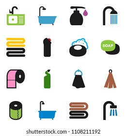 solid vector ixon set - soap vector, towel, bath, liquid, cleaning agent, toilet paper, shower, sink