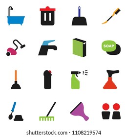solid vector ixon set - soap vector, plunger, scraper, water tap, vacuum cleaner, rake, scoop, trash bin, car fetlock, bath, toilet brush, washing powder, sprayer, cleaning agent, closet