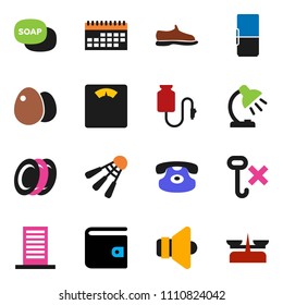 solid vector ixon set - soap vector, plates, egg, table lamp, wallet, scales, snickers, shuttlecock, calendar, no hook, speaker, classic phone, drop counter, fridge, building, store