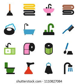 solid vector ixon set - soap vector, plunger, fetlock, towel, toilet, brush, paper, sink, water tap, bath