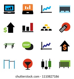 solid vector ixon set - soap vector, graph, japanese candle, laptop, dollar growth, gold ingot, horizontal bar, glass, barcode