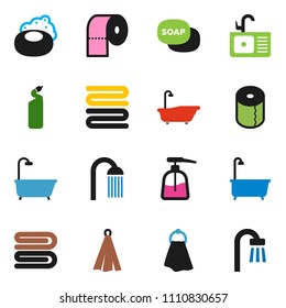 solid vector ixon set - soap vector, towel, bath, liquid, cleaning agent, toilet paper, shower, sink