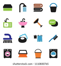solid vector ixon set - soap vector, scraper, fetlock, bucket, sponge, towel, drying clothes, shower, sink, washer
