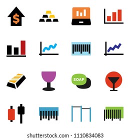 solid vector ixon set - soap vector, graph, gold ingot, japanese candle, laptop, dollar growth, horizontal bar, glass, barcode