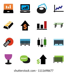 solid vector ixon set - soap vector, graph, gold ingot, japanese candle, laptop, dollar growth, horizontal bar, glass, barcode