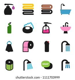 solid vector ixon set - soap vector, towel, liquid, cleaning agent, toilet paper, shower, sink, bath