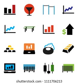 solid vector ixon set - soap vector, graph, gold ingot, japanese candle, laptop, dollar growth, horizontal bar, glass, barcode