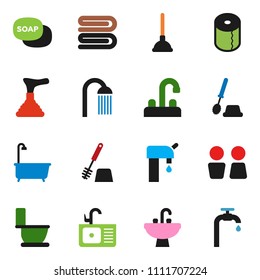 solid vector ixon set - soap vector, plunger, towel, bath, toilet, brush, paper, shower, water closet, sink, tap, supply