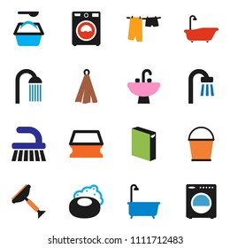 solid vector ixon set - soap vector, scraper, fetlock, bucket, sponge, bath, drying clothes, washer, washing powder, shower, sink, towel