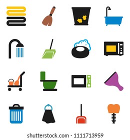 solid vector ixon set - soap vector, scraper, cleaner trolley, broom, scoop, towel, trash bin, bath, toilet, shower, microwave oven, tooth implant