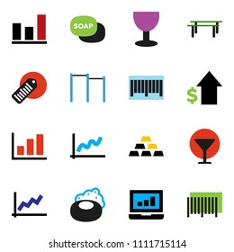 solid vector ixon set - soap vector, graph, laptop, dollar growth, gold ingot, horizontal bar, glass, barcode