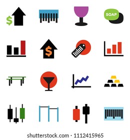 solid vector ixon set - soap vector, graph, japanese candle, dollar growth, gold ingot, horizontal bar, glass, barcode