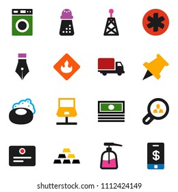 solid vector ixon set - soap vector, washer, liquid, hand mill, pen, paper pin, certificate, cash, gold ingot, delivery, flammable, antenna, ambulance star, notebook network, client search, tap pay