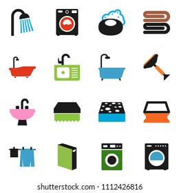 solid vector ixon set - soap vector, scraper, sponge, towel, bath, drying clothes, washer, washing powder, shower, sink