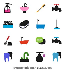 solid vector ixon set - soap vector, mop, sponge, water tap, car fetlock, bath, toilet brush, liquid, sink, tooth