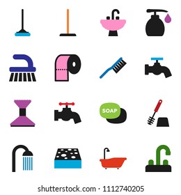solid vector ixon set - soap vector, fetlock, mop, sponge, water tap, car, bath, toilet brush, liquid, paper, shower, sink