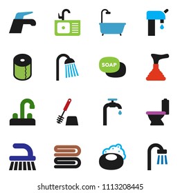 solid vector ixon set - soap vector, plunger, water tap, fetlock, towel, toilet, brush, paper, shower, sink, supply, bath