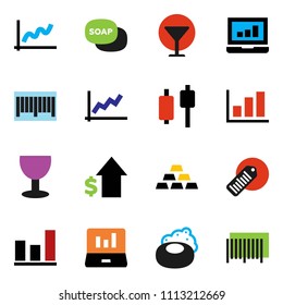 solid vector ixon set - soap vector, graph, japanese candle, laptop, dollar growth, gold ingot, glass, barcode