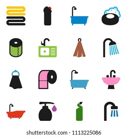 solid vector ixon set - soap vector, towel, bath, liquid, cleaning agent, toilet paper, shower, sink