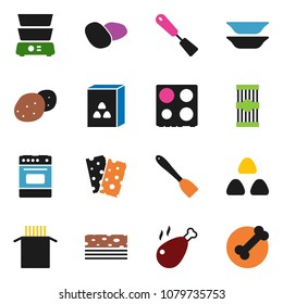 solid vector ixon set - spatula vector, oven, double boiler, plates, cereal, pasta, potato, chicken leg, breads, bone