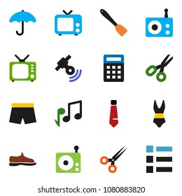 solid vector ixon set - spatula vector, scissors, music, tie, snickers, shorts, swimsuite, umbrella, radio, satellitie, tv, calculator, menu
