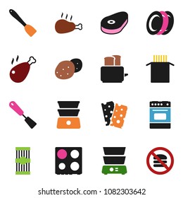 solid vector ixon set - spatula vector, toaster, oven, double boiler, plates, pasta, potato, steak, chicken leg, breads, no fastfood