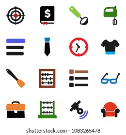 solid vector ixon set - spatula vector, ladle, mixer, glasses, abacus, case, annual report, tie, t shirt, target, clock, satellitie, menu, cushioned furniture