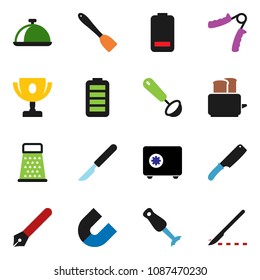 solid vector ixon set - spatula vector, ladle, knife, grater, toaster, blender, dish, pen, award cup, magnet, safe, hand trainer, battery, scalpel