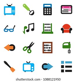 solid vector ixon set - spatula vector, ladle, mixer, glasses, scissors, abacus, music, calendar, tv, arrow, cushioned furniture, calculator, menu