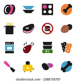 solid vector ixon set - spatula vector, toaster, oven, double boiler, plates, pasta, potato, steak, chicken leg, breads, no fastfood, bone