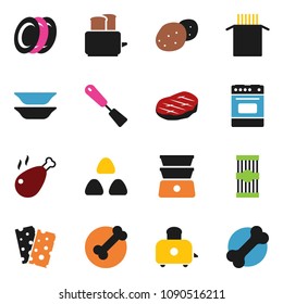 solid vector ixon set - spatula vector, toaster, oven, double boiler, plates, cereal, pasta, potato, steak, chicken leg, breads, bone