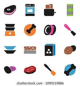 solid vector ixon set - spatula vector, toaster, oven, double boiler, plates, cereal, pasta, potato, steak, breads, bone
