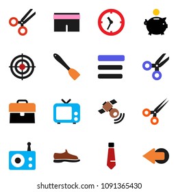 solid vector ixon set - spatula vector, scissors, piggy bank, case, tie, snickers, shorts, target, clock, radio, satellitie, tv, menu, arrow