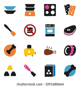 solid vector ixon set - spatula vector, toaster, oven, double boiler, plates, cereal, steak, chicken leg, breads, no fastfood, bone