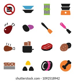 solid vector ixon set - spatula vector, toaster, double boiler, plates, cereal, pasta, potato, steak, chicken leg, breads, no fastfood, bone