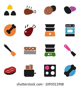 solid vector ixon set - spatula vector, toaster, oven, double boiler, cereal, potato, steak, chicken leg, breads, bone