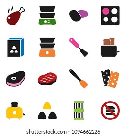 solid vector ixon set - spatula vector, toaster, oven, double boiler, cereal, pasta, potato, steak, chicken leg, breads, no fastfood