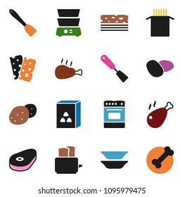 solid vector ixon set - spatula vector, toaster, oven, double boiler, plates, cereal, pasta, potato, steak, chicken leg, breads, bone