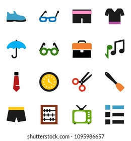 solid vector ixon set - spatula vector, glasses, abacus, music, case, tie, snickers, shorts, t shirt, clock, umbrella, tv, scissors, menu