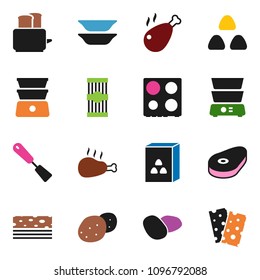 solid vector ixon set - spatula vector, toaster, oven, double boiler, plates, cereal, pasta, potato, steak, chicken leg, breads