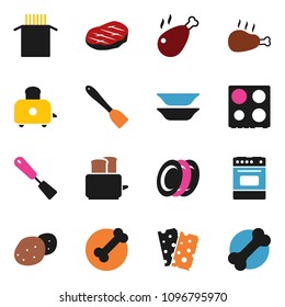 solid vector ixon set - spatula vector, toaster, oven, plates, pasta, potato, steak, chicken leg, breads, bone